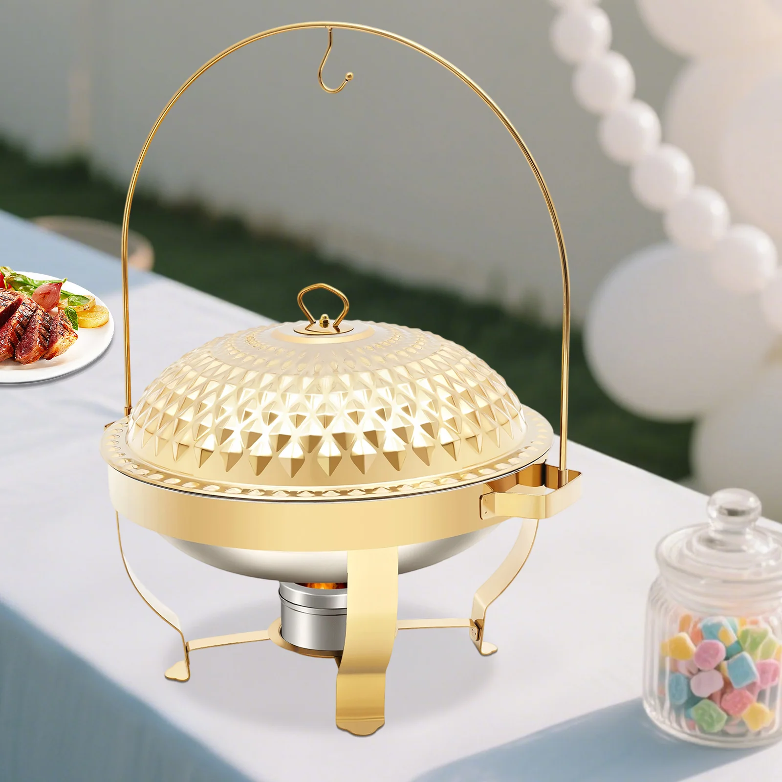 

8.5 QT Stainless Steel Hot Pot Buffet Set w/ Lid, Luxury Round Electric Food Warmer for Wedding Party Dinner & Family Gathering