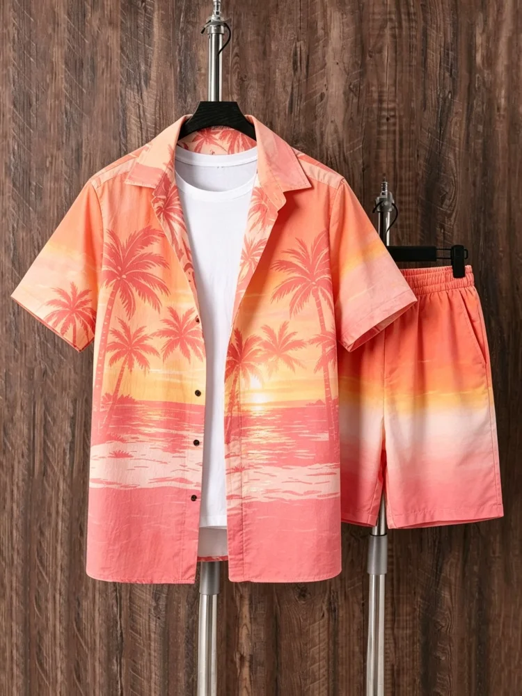 

Men's Short Sleeve Shirt & Shorts Set, Loose Comfort Sunset Palm Tree Print Casual Summer Outfit