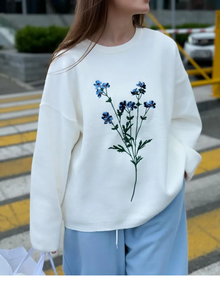 Women\'s Flower Print Knitted Sweater Casual ﻿Round Neck Long Sleeve Loose Pullover New Arrival Lady Autumn Warm Knitwear