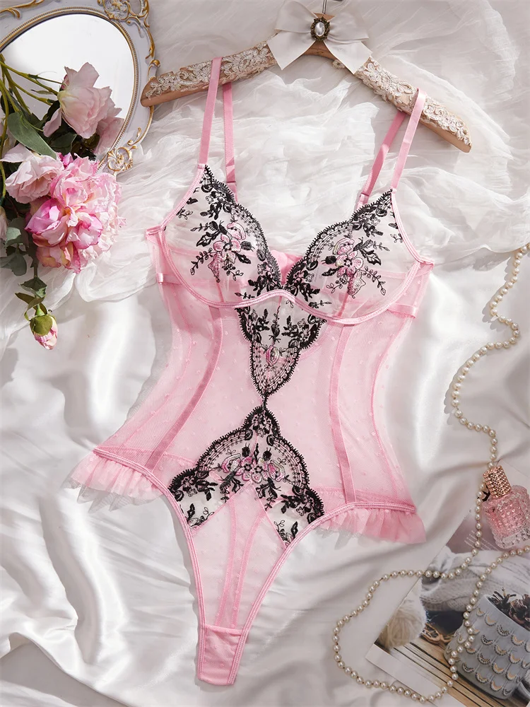 Women's Lingerie Pink Mesh Slimming Bodysuit Delicate Floral Embroidered Jumpsuit Romantic Sleeveless Polka Dot Sexy Bodysuit image 2