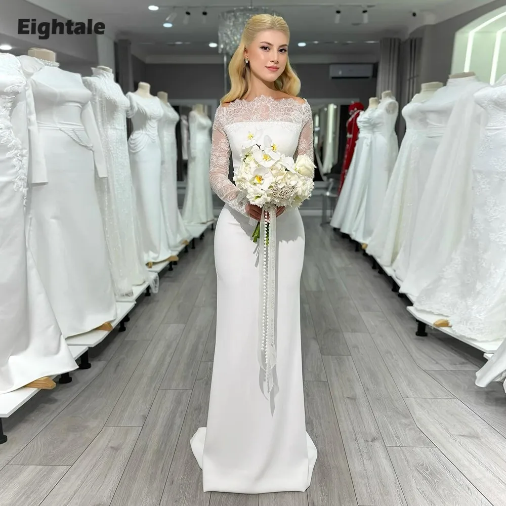 Eightale Arabic Wedding Dress Strapless Customized Ivory Satin Long Sleeves Lace Bridal Gown Mermaid Bride Party Dress