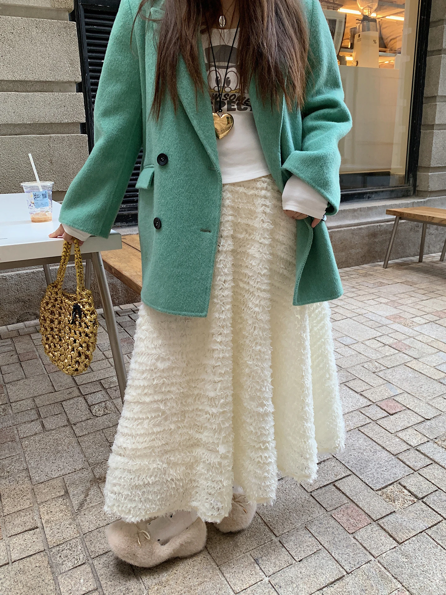 

High Waist Fce Lined Fluffy Skirt for Women Casual Sle A-Line Skirt plus Size White Color Autumn Winter New Arrival