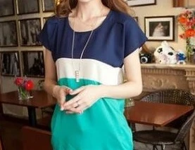 

Women's Fashion Short Sleeve 2024 Summer New Round Neck Plus Size Chiffon Shirt Three Color Splicing Short Sleeve