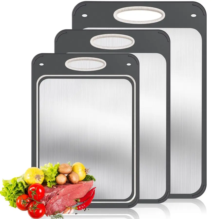 

3 Pack Stainless Steel Cutting Board Double Sided Cutting Board Large 304 Stainless Steel Wheat Straw PP for Kitchen Chopping, E