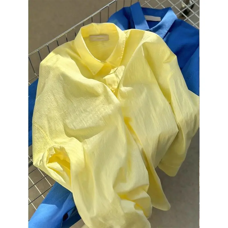 

Ins корейская молочно-желтая солнцезащитная рубашка, женская осенне-летняя свободная рубашка, топ с длинными рукавами