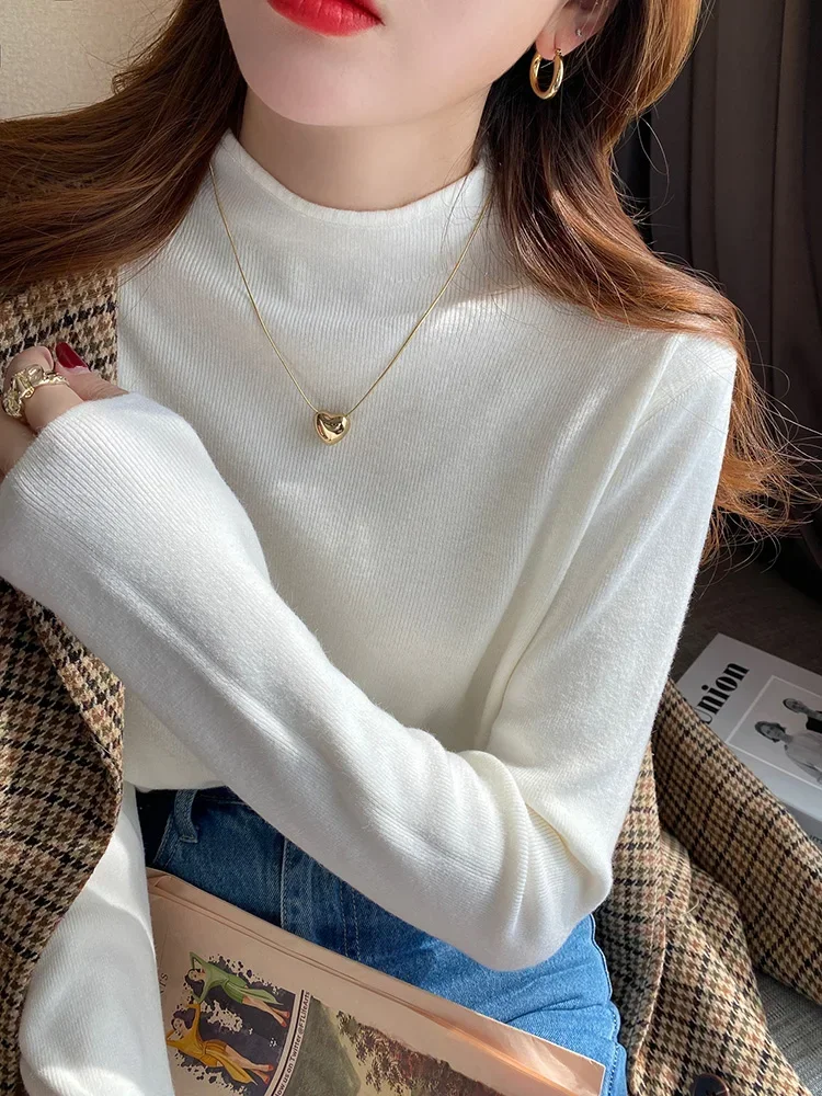 2024 Autumn Women Pullover Sweater Fashion Half Turtleneck Knitted Female Jumper Long Sleeve Winter Black Soft Elastic Tops