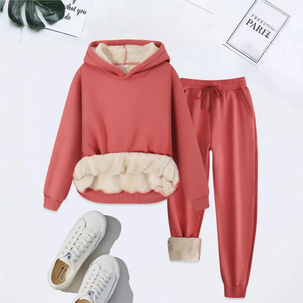 2026 Winter Neues Damen-Fleece-2-Teiler-Set: Kapuzenpullover + Lange Hose, Lässiger Einfacher Warmer Damen-Sportanzug