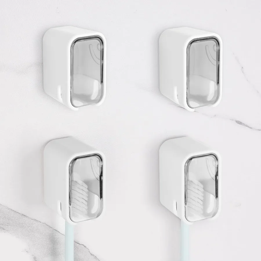

4 Pack Toothbrush Holders for Bathrooms Shower Wall Mount Toothbrush Organizer with Cover Self Adhesive Electric Toothbrush Sto