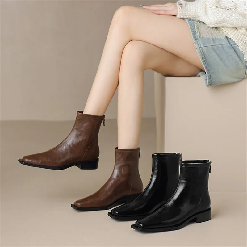 2023 New Autumn Winter Split Leather Women Boots Square Toe Short Boots for Women Chunky Heels Boots Zapatos De Mujer Female