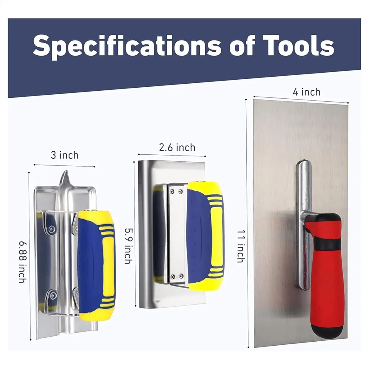 A013 3 Pack Sainless Steel Concrete Tools Set, Flat Finishing Trowel Concrete Hand Edger and Groover with Soft Grip