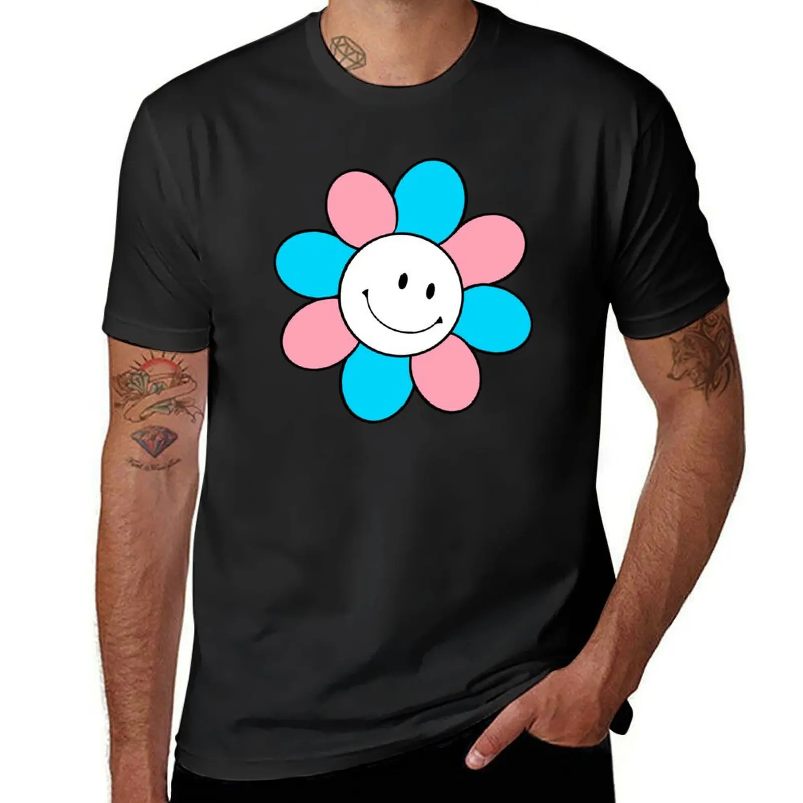 Pink, Blue and White Transgender Pride Hippie Flower T-Shirt tops vintage t shirt men