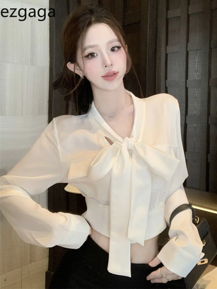 

Ezgaga Woman Blouse Sexy Bow Bandage Satin Solid Long Sleeve Sweet Crop Tops French Style Chic Fashion Shirts Female Casual