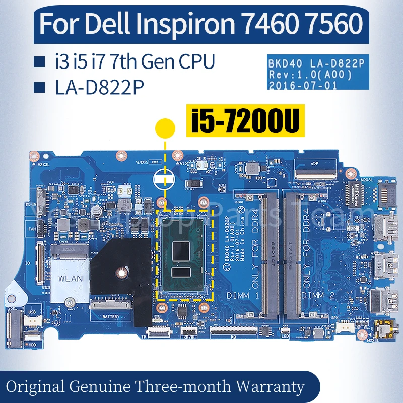 

For Dell Inspiron 7460 7560 Laptop Mainboard LA-D822P 0K6PMH 06NY5C 0V242N 06NY5G 0V242N i3 i5 i7 7th Gen Notebook Motherboard