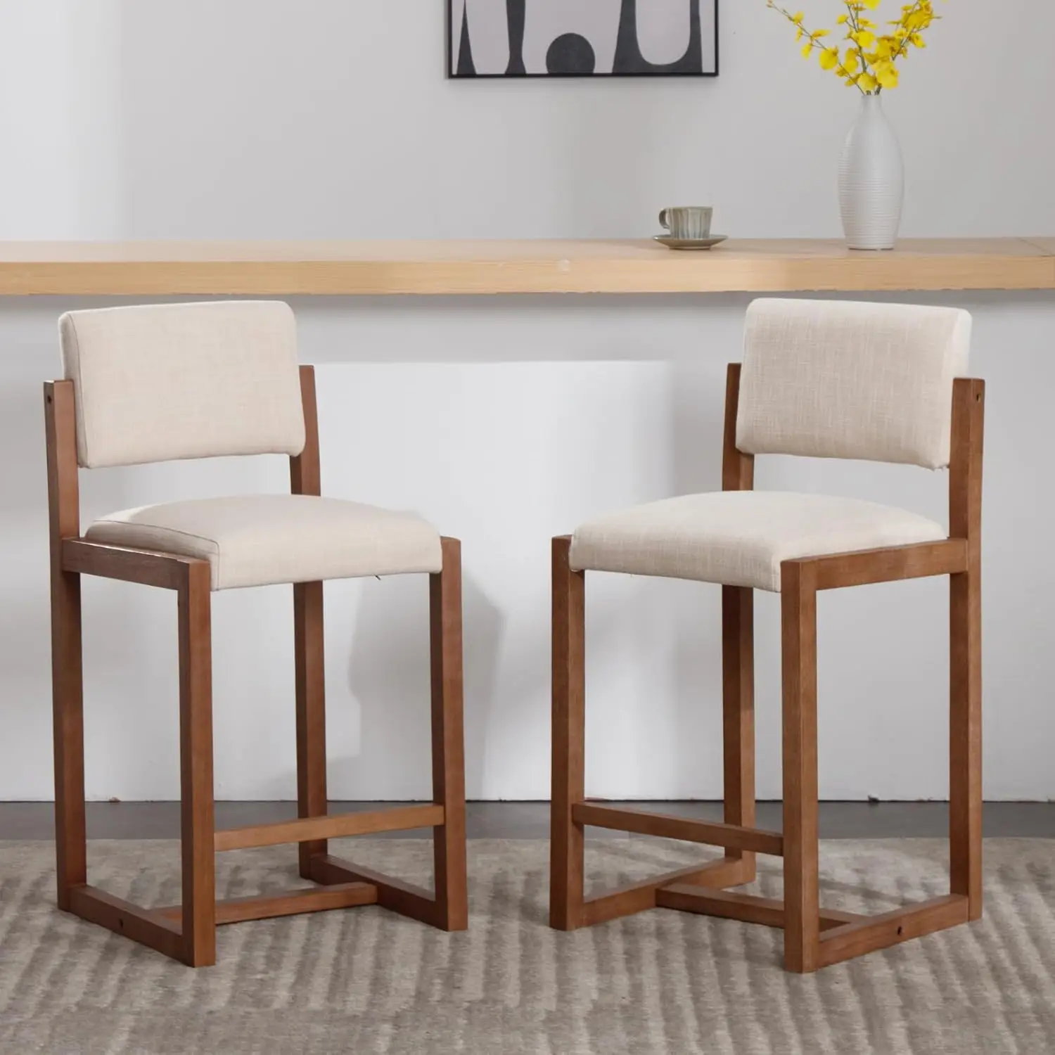 

Mid-Century Bar Stools Set of 2, 26 Inch Counter Height Barstools Linen Fabric Bar Chairs with Backrest Wooden Frame for