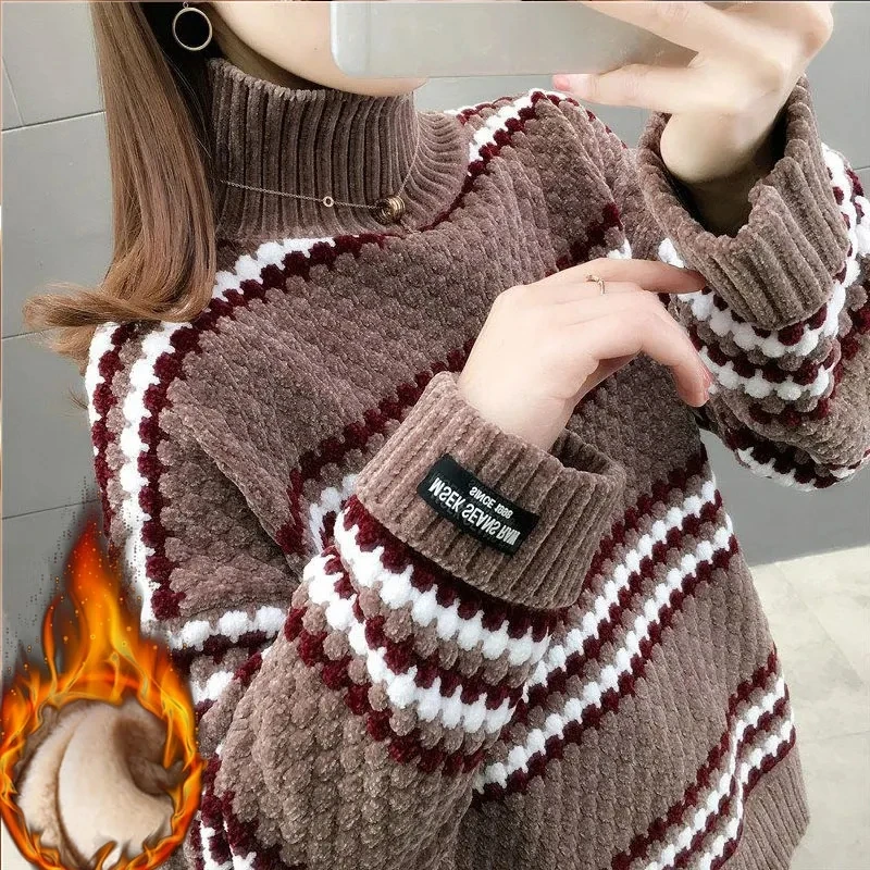 Women's 2025 High-Necked Thick Striped Sweater Autumn Winter New Streetwear Loose Warm Top Chic Knitted Pullovers Sweater Female