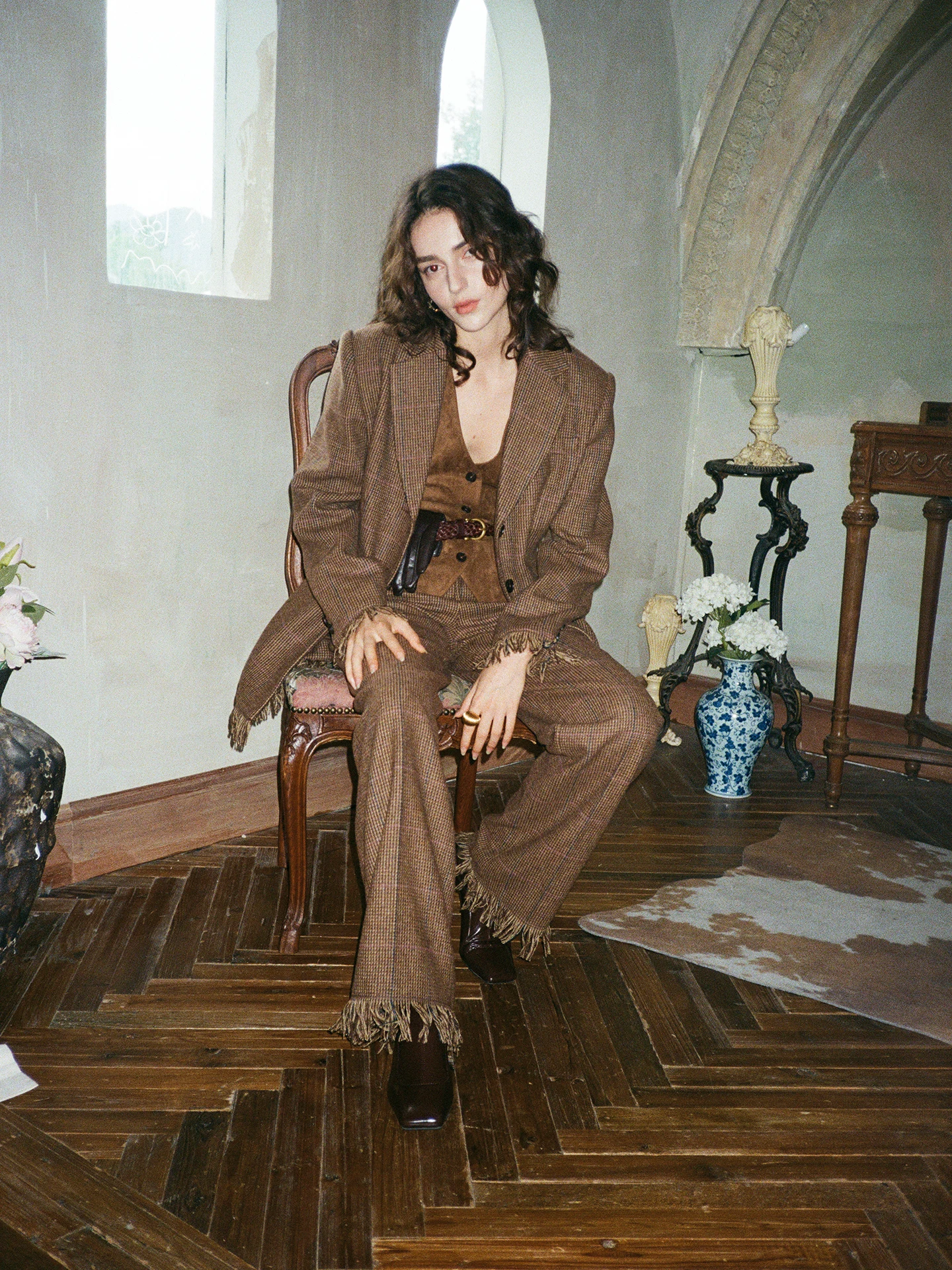 

Ele Vintage Fringed Tweed Woolen Suit Jaet And Pants with Bird Pattern Straight Cut French Sle Long Sve Women's Wear