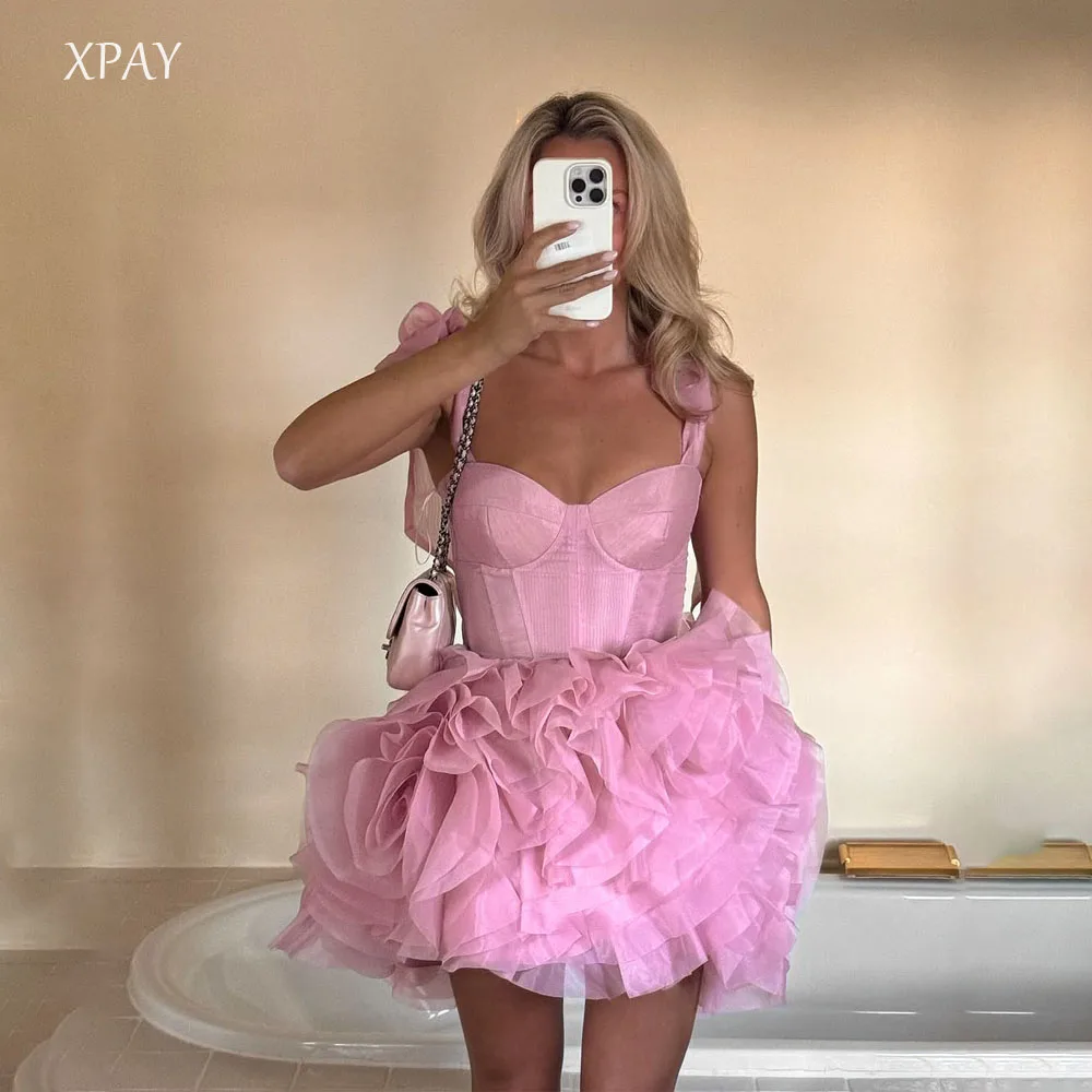 

XPAY Pink Lovely Prom Dresses Romantic Sweetheart Party Dress Bow - Shoulder Ruffled Mini Skirt Evening Gown Customized