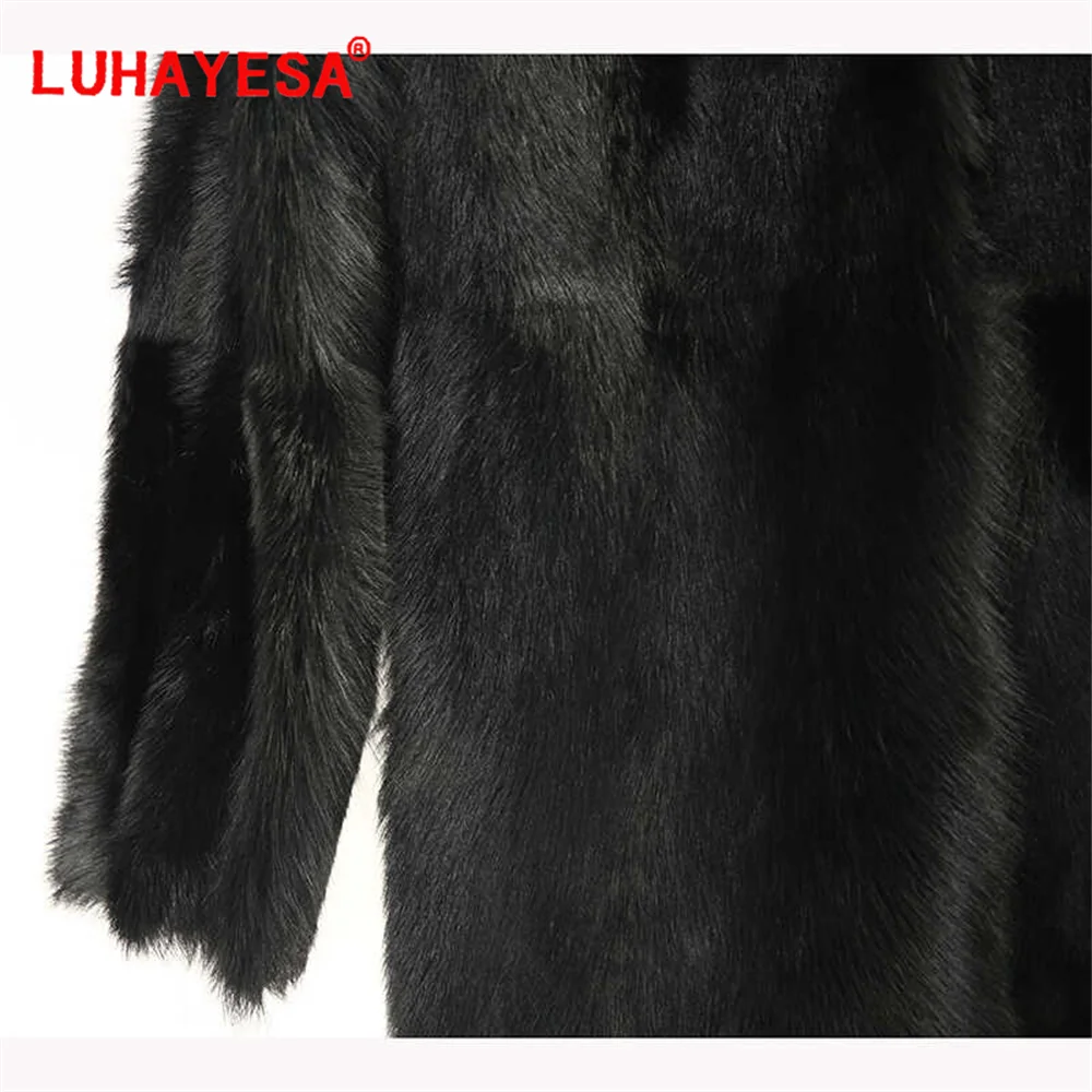 2024 Spain Tuscany Sheepskin Fur Shearling Clothing Women Black V Neck Medium Long Winter Warm Fur Coat