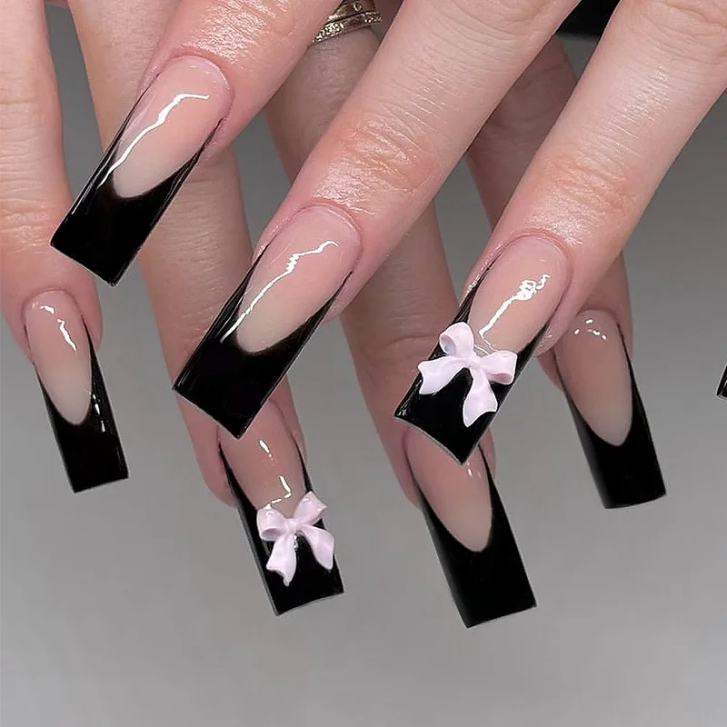 24Pcs French Tip Square Press On Nails Bowknot Rhinestone Fake Nails Sweet Spice Girls Full Cover Ballerina False Nail Tips Art