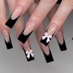 24Pcs French Tip Square Press On Nails Bowknot Rhinestone Fake Nails Sweet Spice Girls Full Cover Ballerina False Nail Tips Art