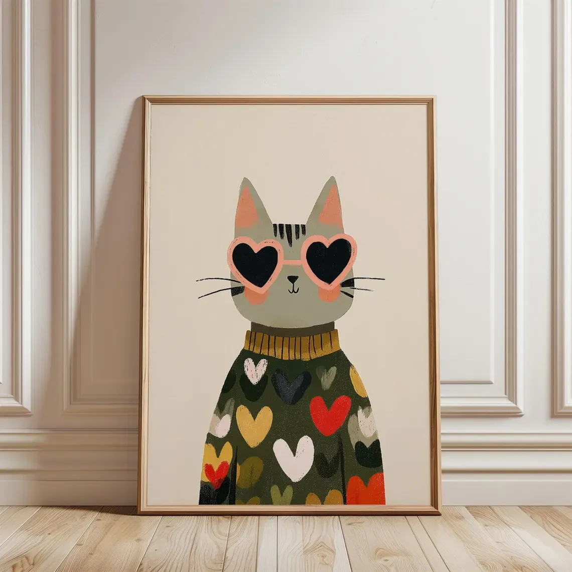 Charming Heart Cat Wall Art Cute Print Celebrating Feline Style The Soft Beige Backdrop And Vibrant Heart Motifs Create A Warm