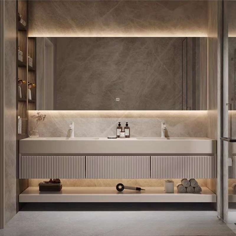 

Floating Double Basin Bathroom Cabinet Integrated Sink Combo, Modern Wall Mounted Cabinet with 3 Fluted Drawers Sink, Customized