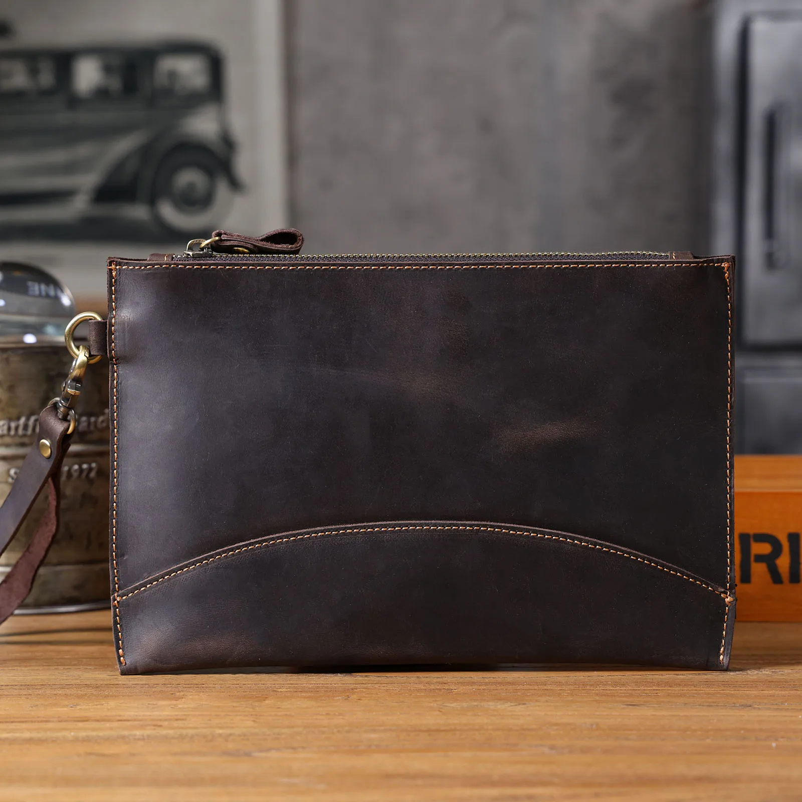 Vintage Echtleder Herren-Clutch-Tasche Lange Geldbörse für Männer Erstklassiges Leder Retro-Kartenhalter Handyhalter – Detail 8