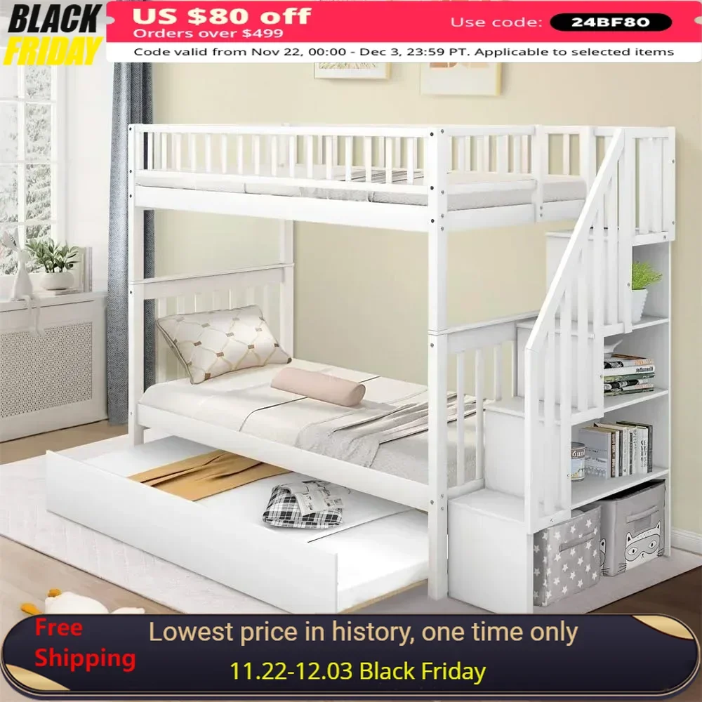 Bunk Bed,Twin Trundle & Staircases, with Safety Rails for 3 Teens Adults, Convertible Into 2 Platform Beds, Wood Bunk Bed Frame