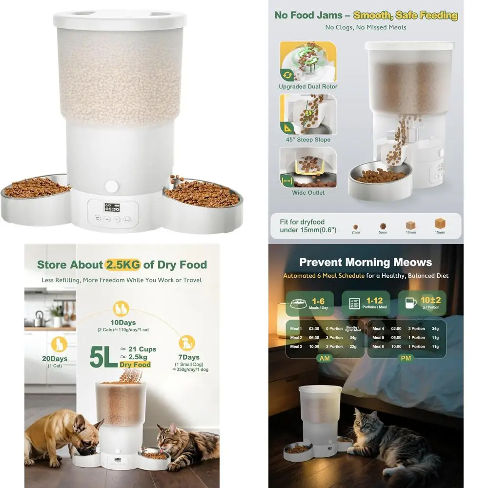 

Умная кормушка для кошек на 5 л для 2 кошек, программируемый дозатор на 1-6 приемов пищи, миска из нержавеющей стали, простая настройка, двойное питание, таймер на 10 секунд для подачи еды