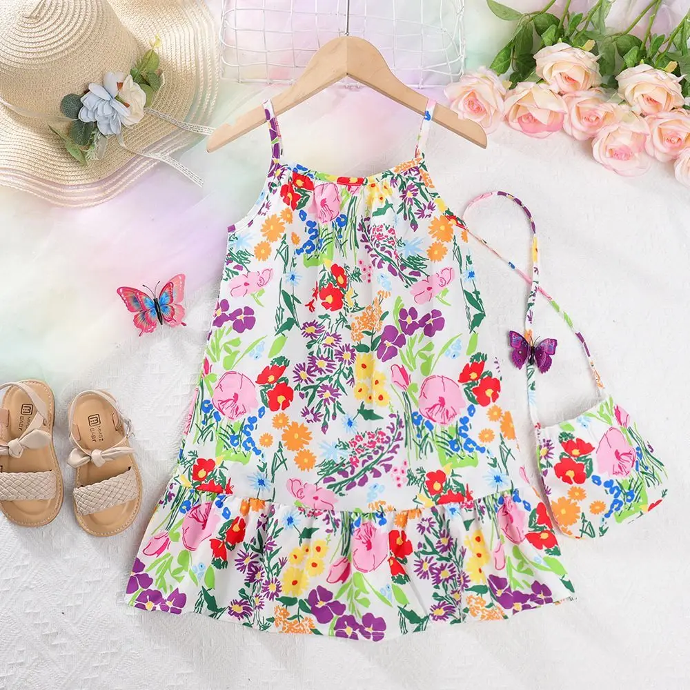 Children's Wear 2025 Summer Girls' Flower Print Sleeveless Strap Fashion Dress Girls' Kids Beach Holiday Print Dress