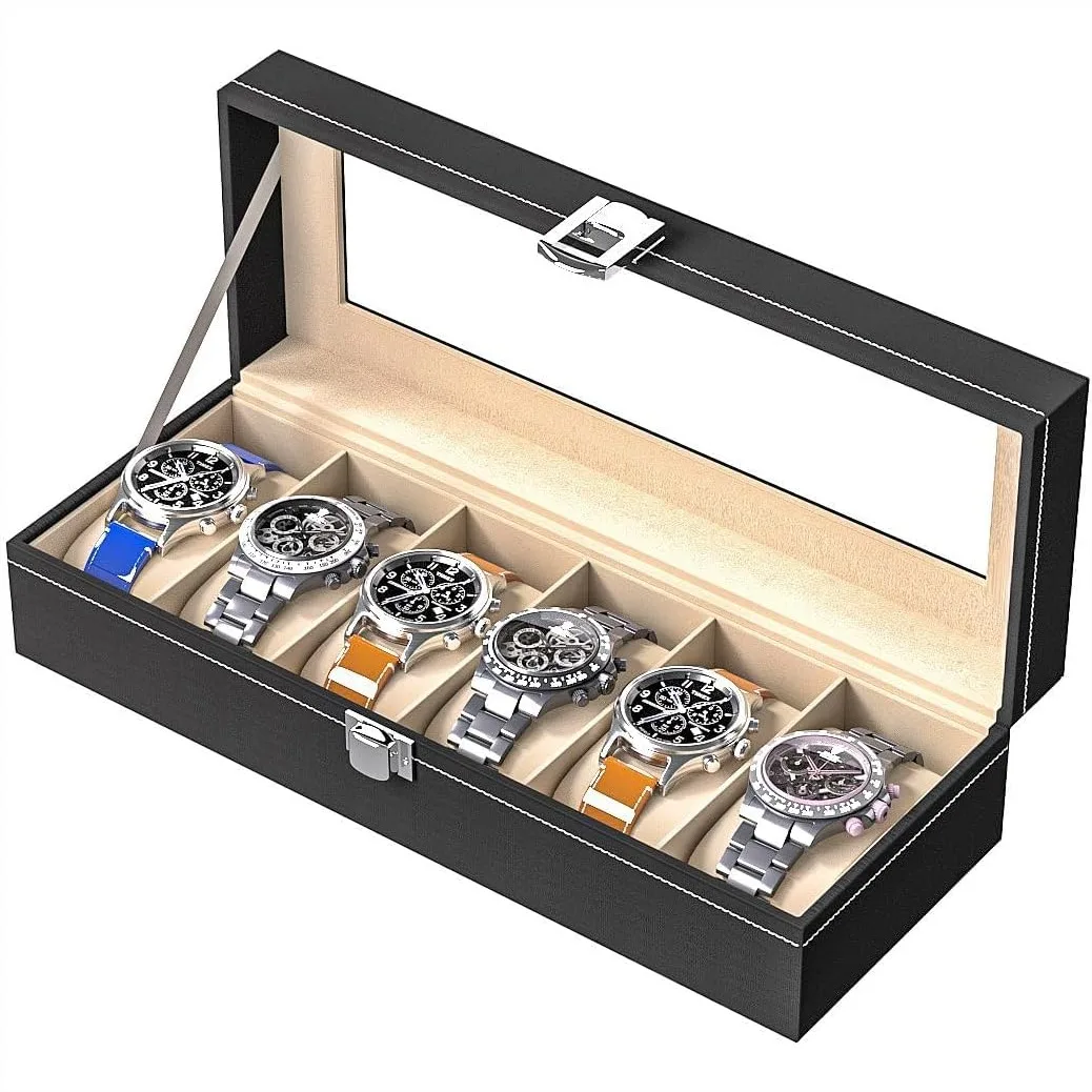 

Leather Watch Display Case with Clear Glass Lid, 6 Slots for Men and Women