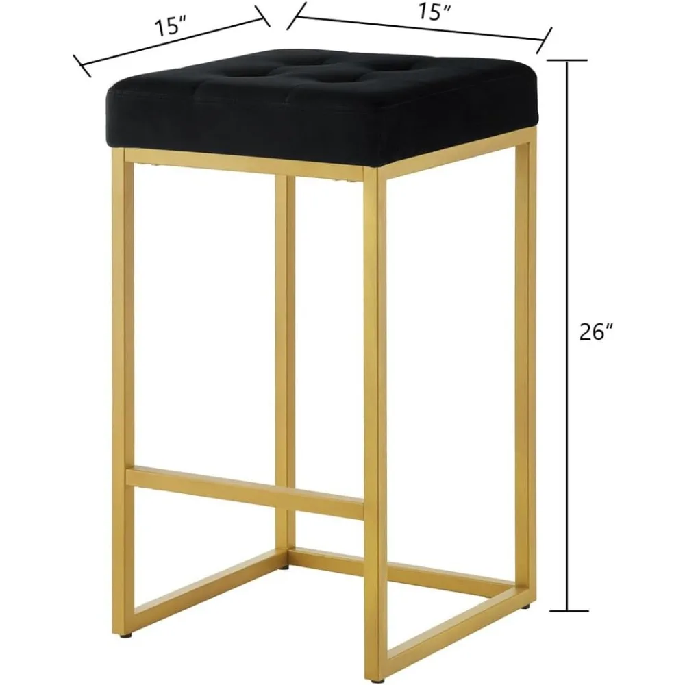 Bancos de bar contemporâneos acolchoados em veludo dourado 24K, conjunto de 2, 26 altos para ilha de cozinha, preto
