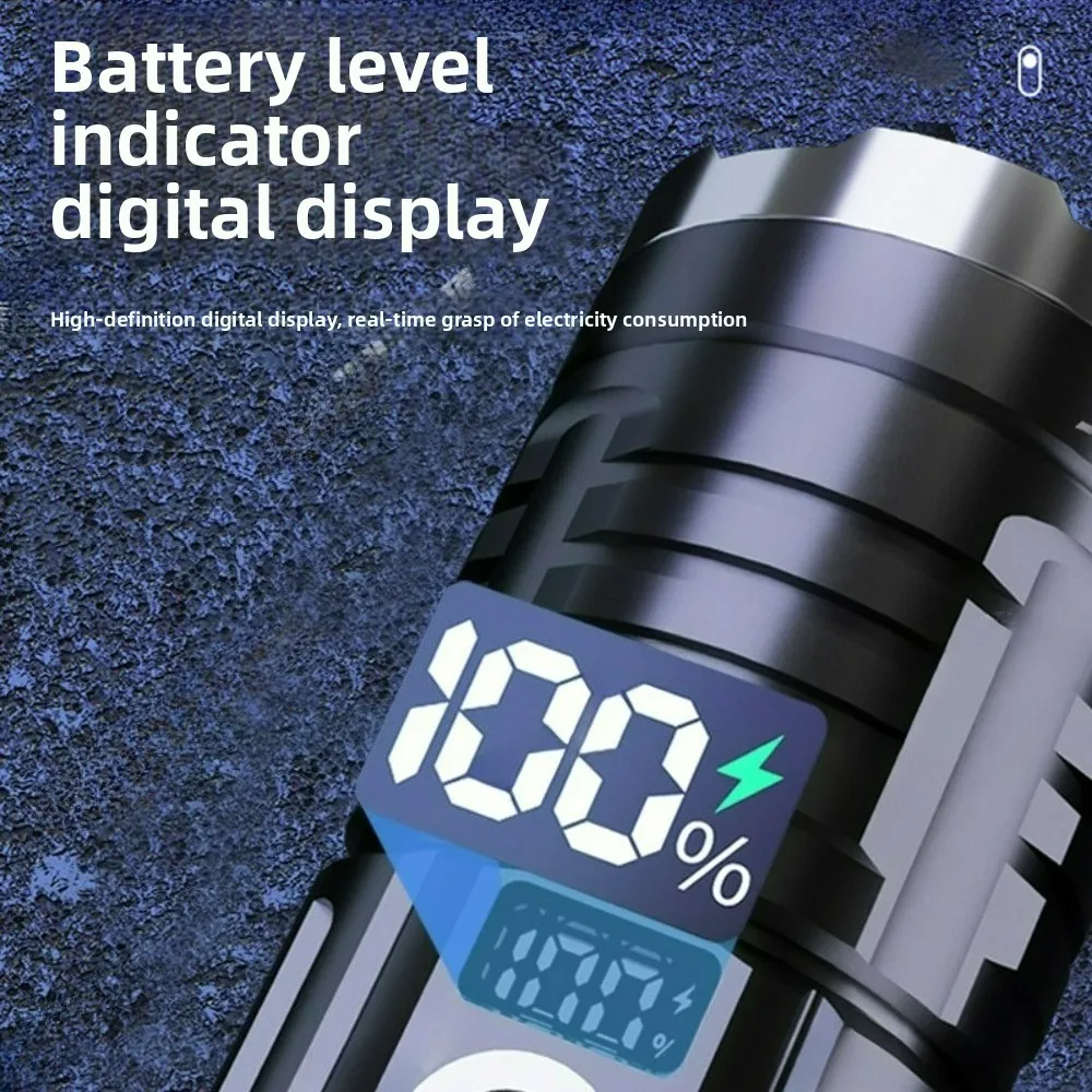 مصباح يدوي فائق السطوع طويل المدى قابل لإعادة الشحن في الهواء الطلق، شعاع عريض قابل للتركيز مع شاشة رقمية ومدفع ليزر