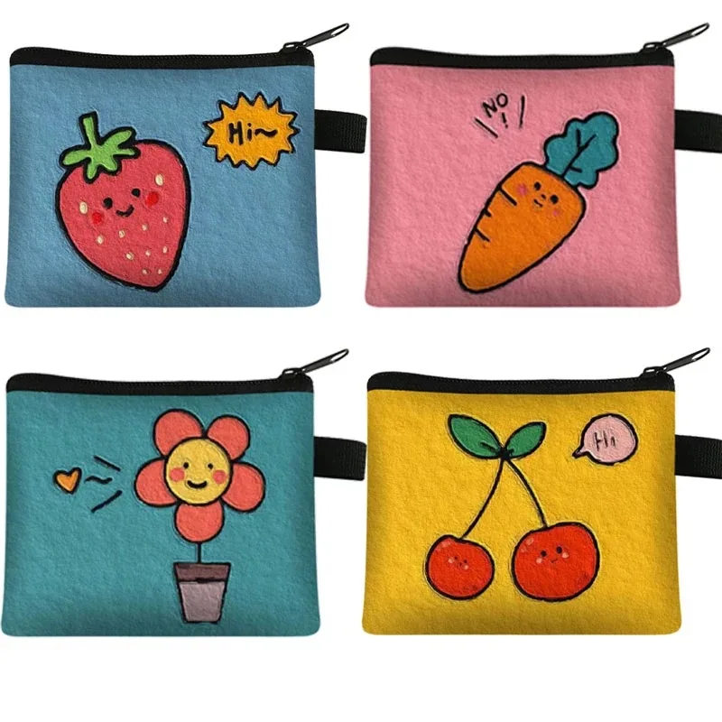 Cute Fruit Impressão Coin Purse Card Key Pouch Small Zipper Coin Purse Titular do cartão Mini Bag Square Wallet Key Storage Bag Key Bag