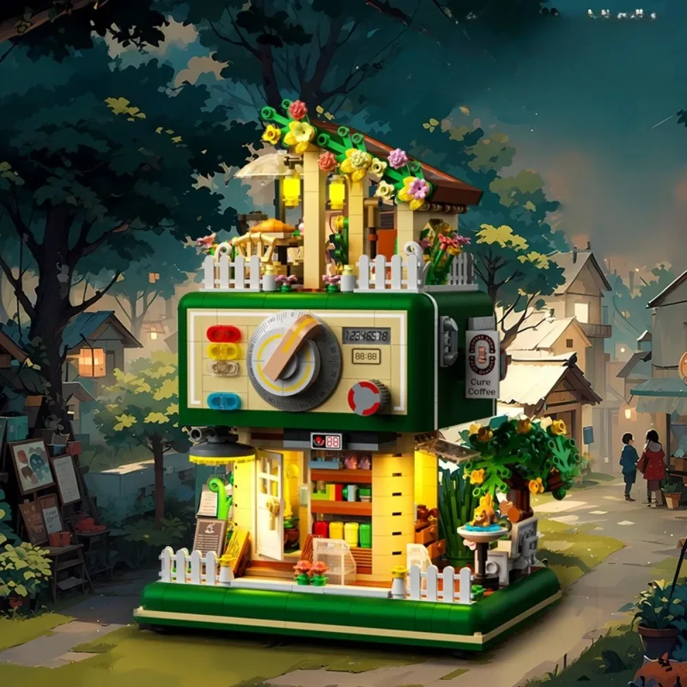 Creative Streetscape Architecture Bear Coffee House Building Blocks City Street View Cafe Shop Model Holiday Gifts Kids Toys