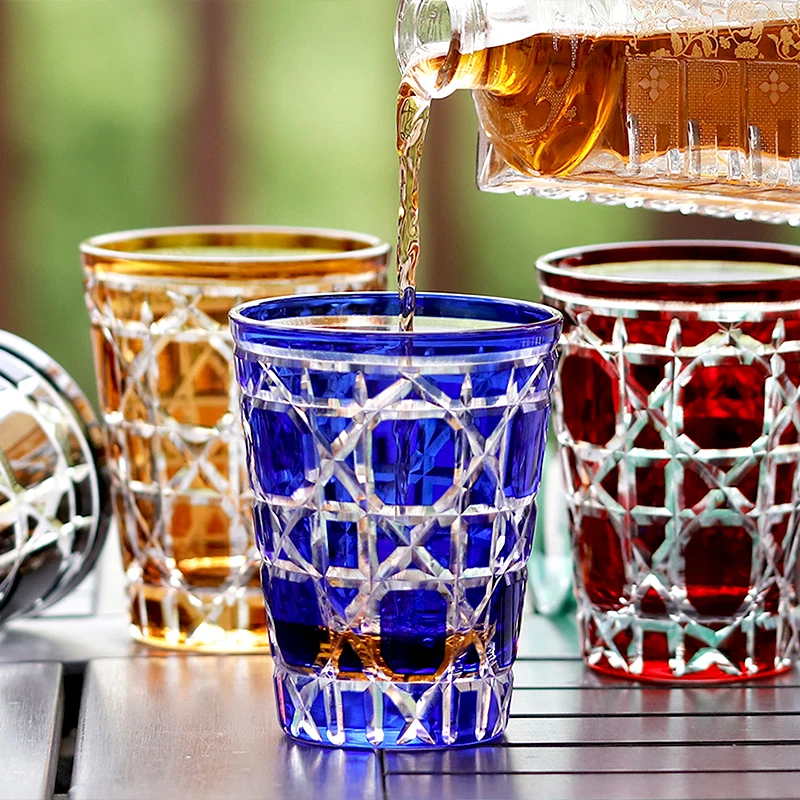 Colored Edo Kiriko Handmade Glasses High Quality Hand Cut To Clear Crystal Drinkware Whiskey Cup Wine Glass 1PC