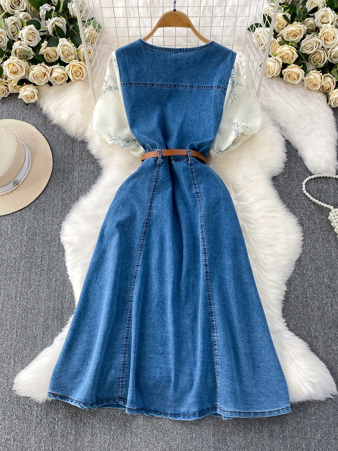 กระโปรงยีนส์ทรงเอเอวสูงพิมพ์ลาย Dr Bubble สไตล์ฮ่องกง ยาวคลุมเข่า สำหรับผู้หญิง ฤดูใบไม้ร่วง ฤดูหนาว ติดกระดุมเม็ดเดียว...