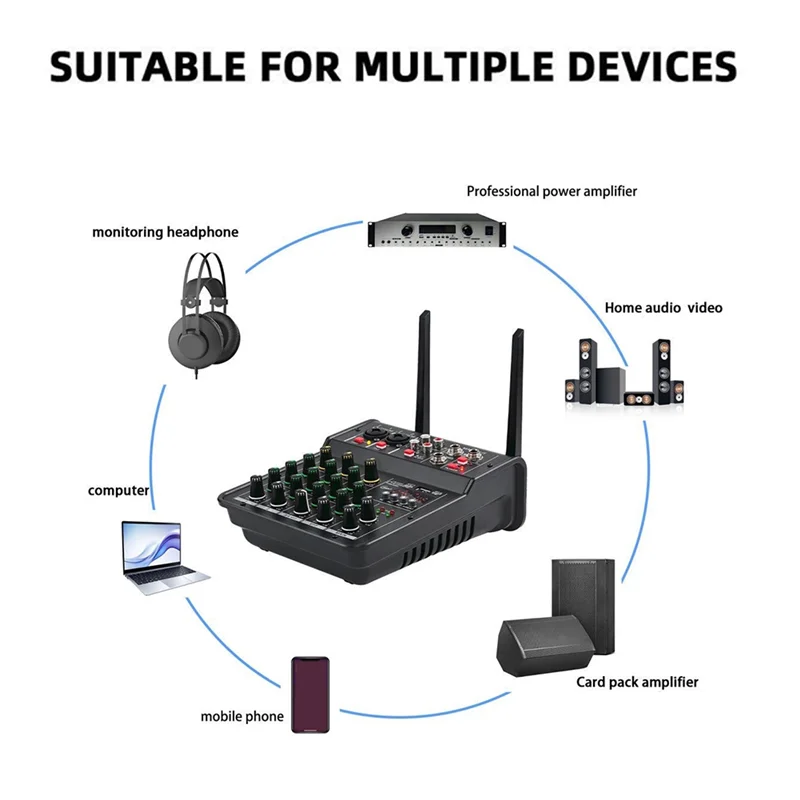 AA08-4채널 DJ 믹서 콘솔 무선 듀얼 마이크 블루투스 2웨이 오디오 컨트롤 홈 KTV 무대 스튜디오용