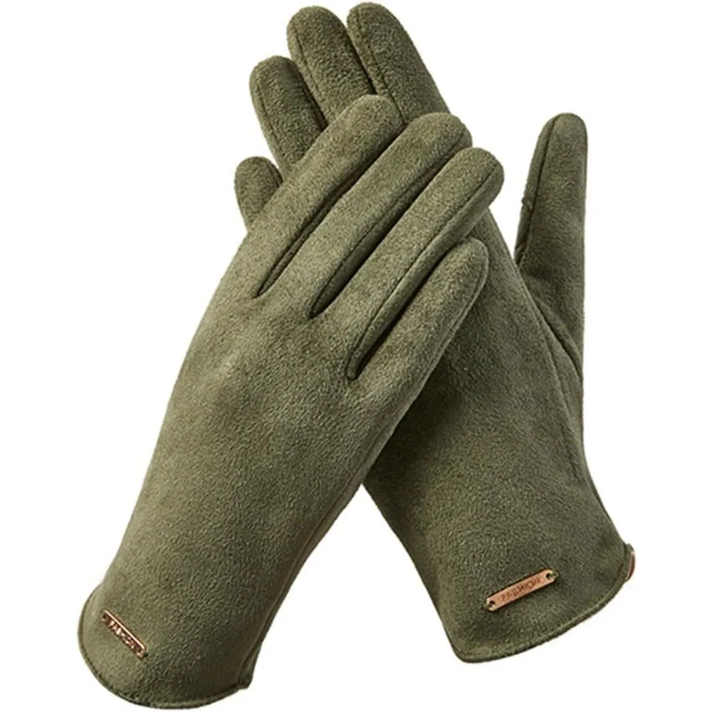 Damen-Winterhandschuhe aus Wildleder, winddicht, Touchscreen, mit Fleece gefüttert, warm, elegant (grün)