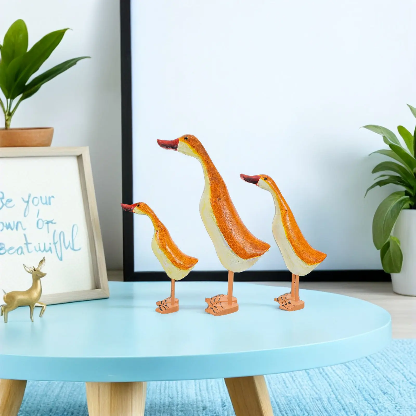 3Pcs Solid Wood Duck Sculptures Handmade Mediterranean Rustic Carved Animal Ornaments Desktop Garden Table Decor Vintage Wood