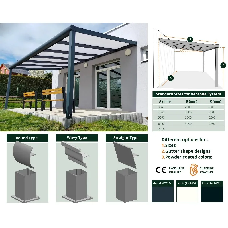 

Modern 6x3 Aluminum Patio Roof Garden Terassenuberdachung Alu Outdoor Canopy Shelter in Silver Grey Color for Home Decor