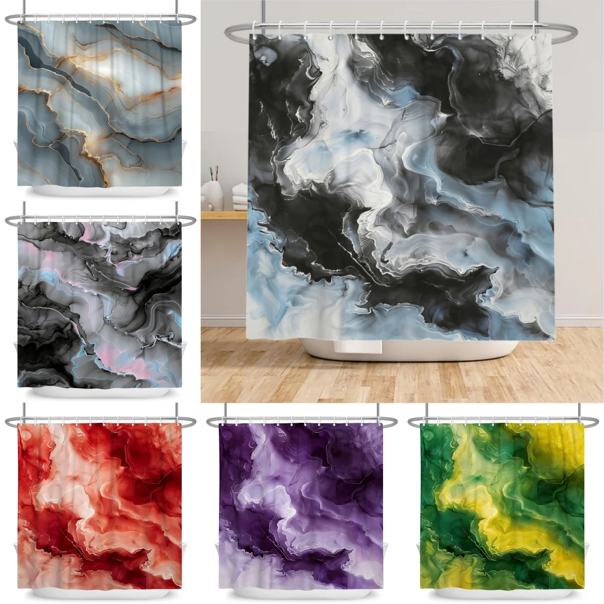 

Abstract Marble Texture Shower Curtain Modern Fluid Art Bathroom Decor Waterproof Fabric Bath Curtain Polyester With Hooks Set