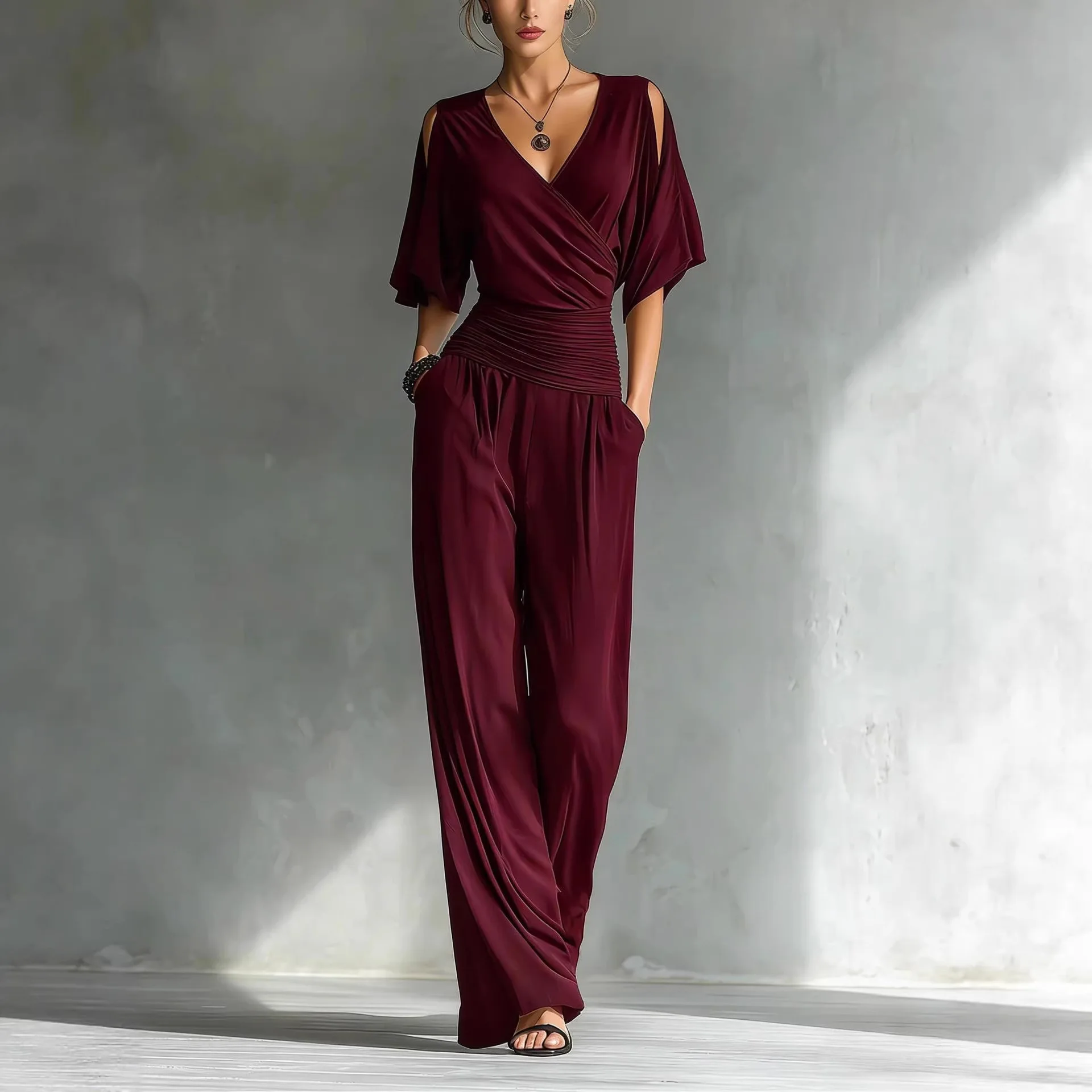 

Женский комбинезон в стиле OL с высокой талией, драпировкой и V-образным вырезом, широкие брюки, повседневный, с рукавом до локтя, весна 2026