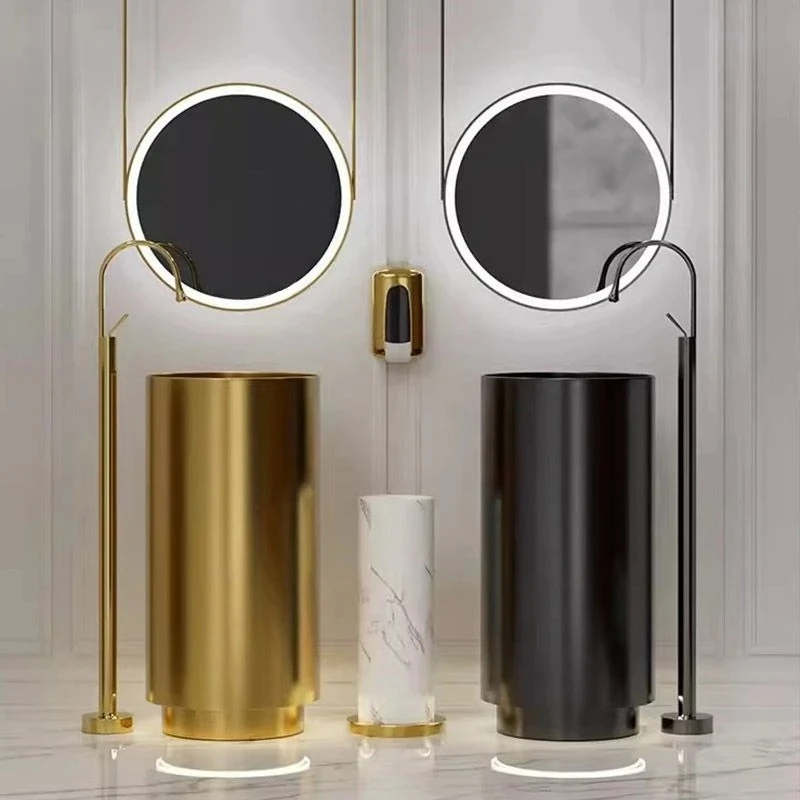 Nordic Stainless Steel Bathroom Sinks Round Pedestal Washbasin Floor-standing Vanity Sink for Home Designer Bathroom Accessories