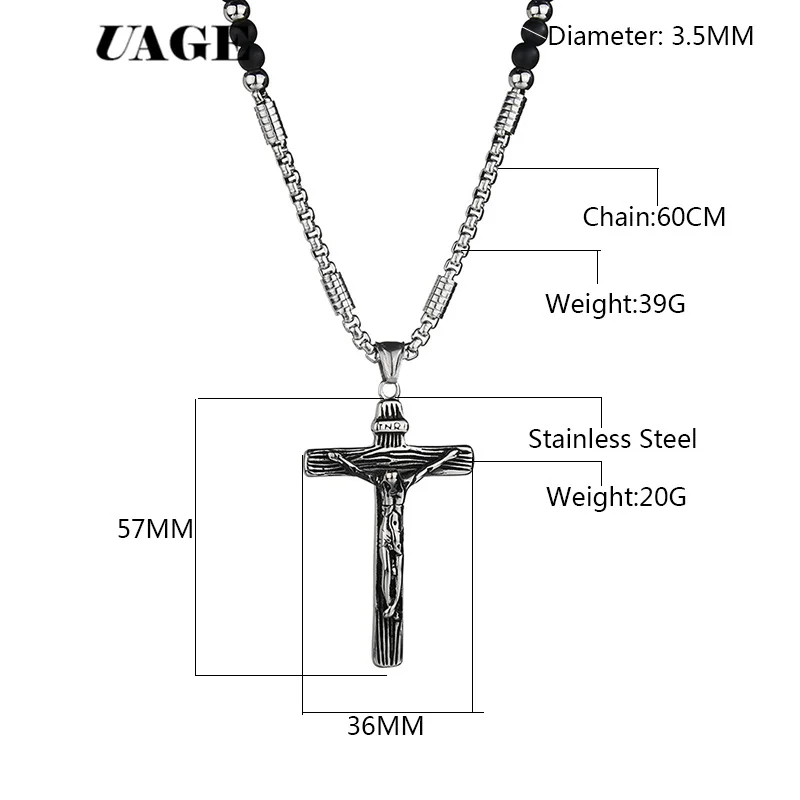 UAGE Rosary necklace Jesus christ cross pendant necklaces Black bead long chain mens women virgin mary christian fashion jewelry