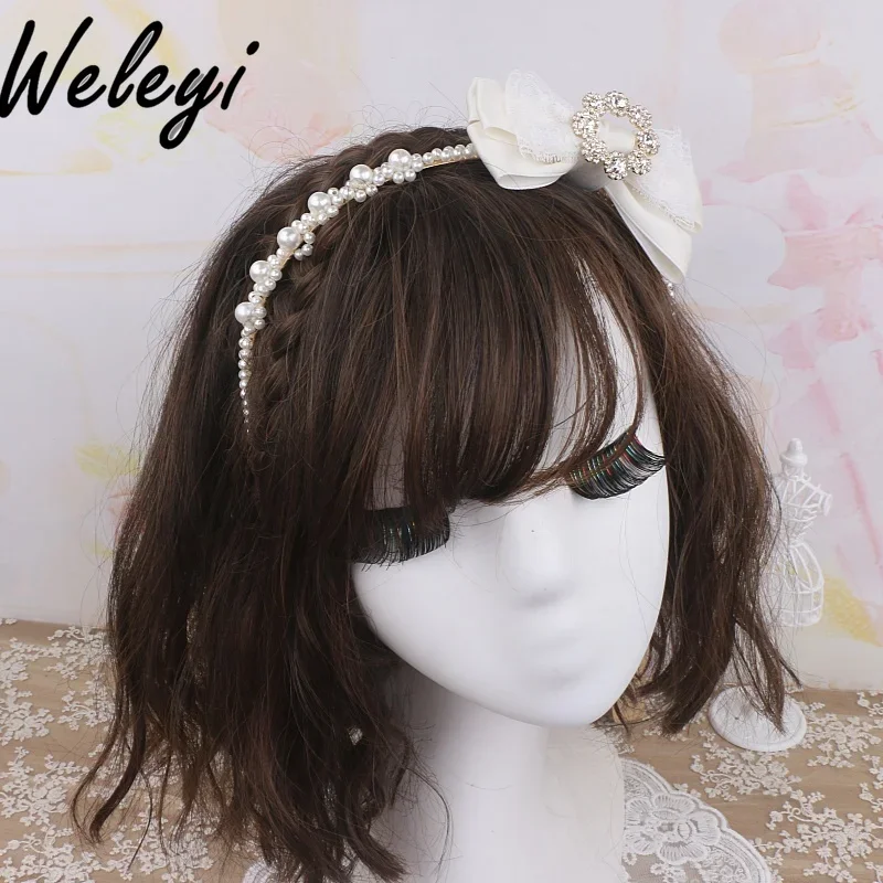 Sweet Hair Accessories Women Jirai Kei Headwear Mine Lovely Headgear Cute Lace Bow Rhinestone Flower Buckle Pearl Headband Woman