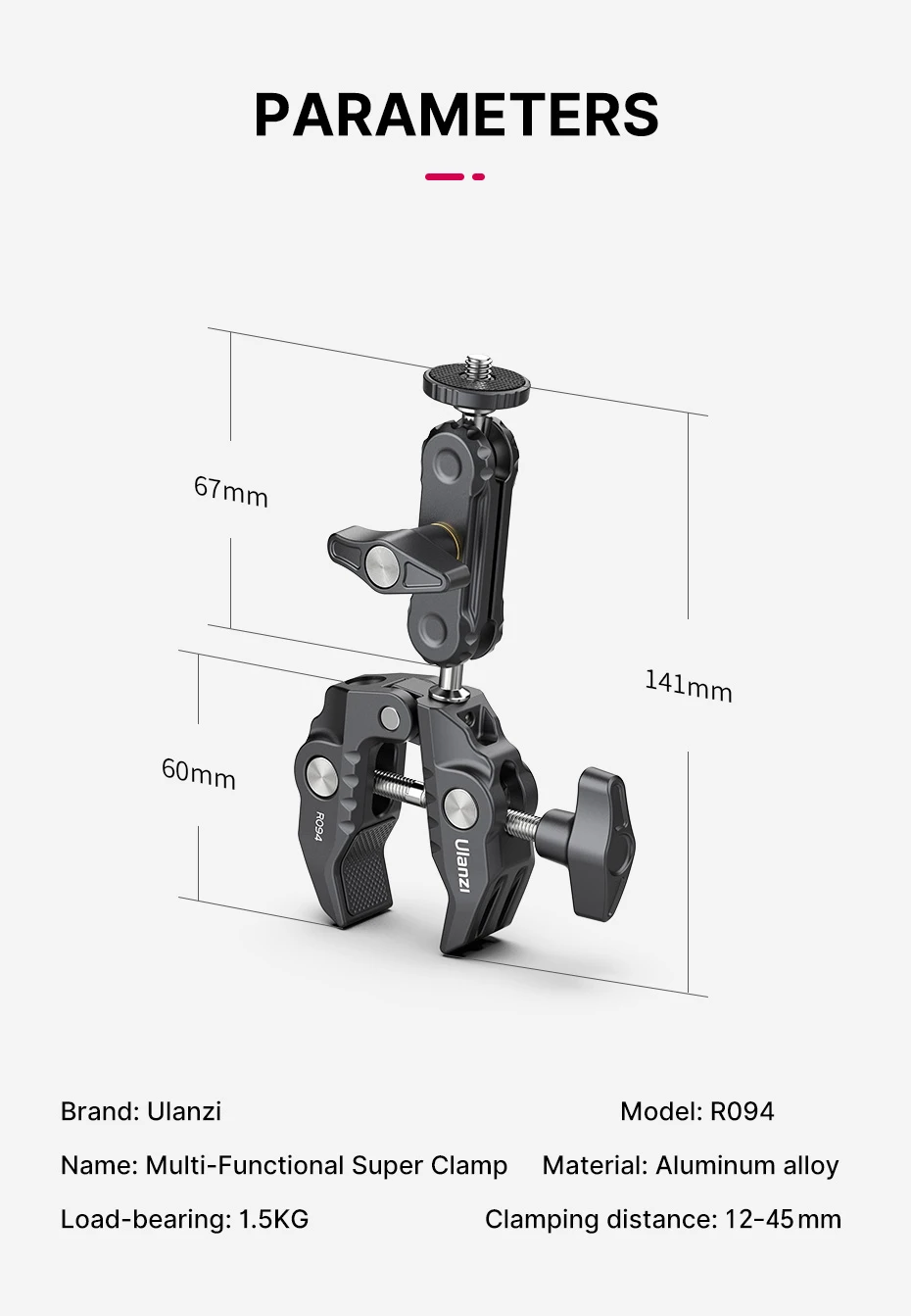 Ulanzi r094 Super Clamp verlängern 1,5 Gewinde für Magic Arm LED Füll licht Mikrofon Universal Ball Head clamp Loadmax kg – Detail 6