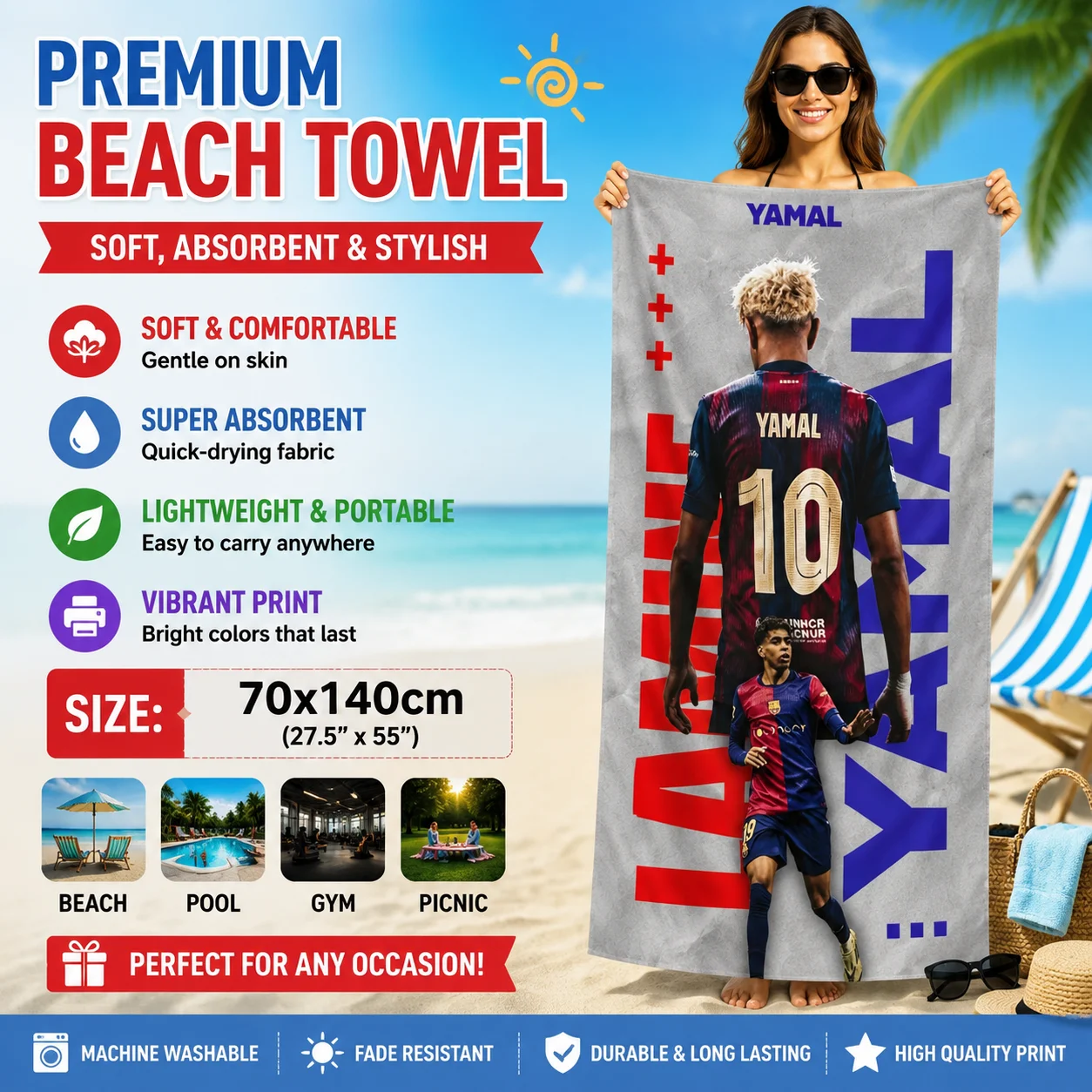NO.19 Yamal Beach Towel Soccer Cup Large Quick-drying Towel Suitable for Beach Yoga Pool Gym Sport Towel Summer Gift for Friend