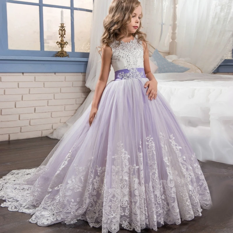 

Flower Girls Dresses Purple Tulle Diamond White Flory Pattern With Bow Sleeveless For Wedding Evening Party First Communion Gown