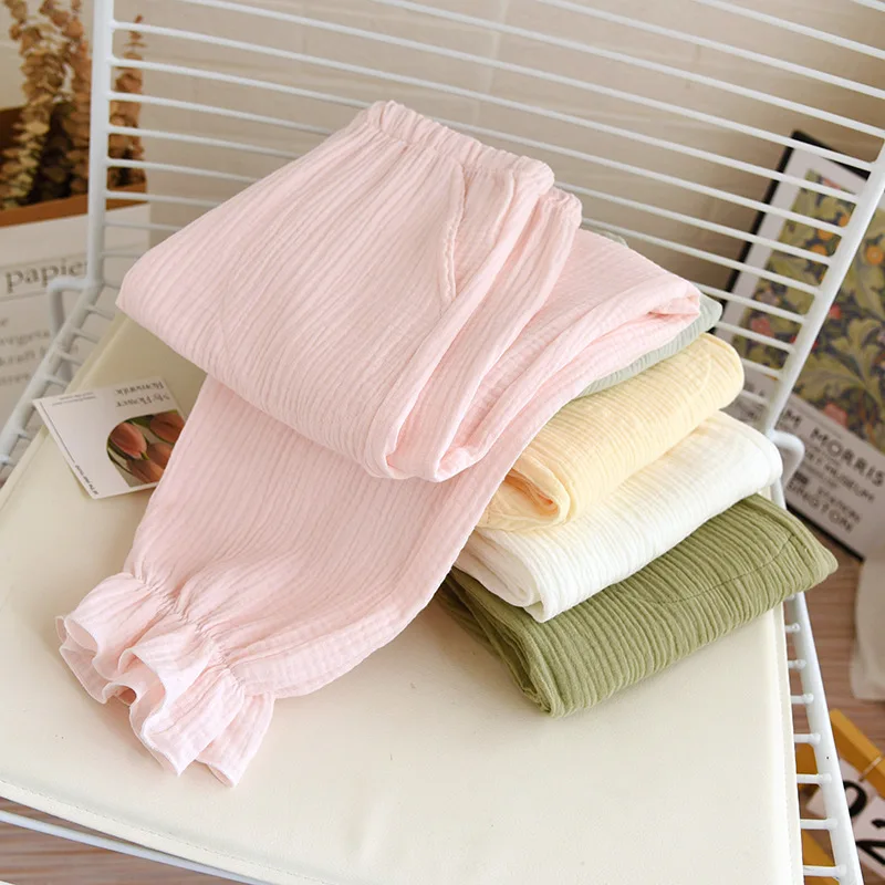 2026 New Spring/Summer Women's Sleeper Pants 100% Cotton Crepe Solid Color Fresh Loose Leg Home Large Casual Pants Women